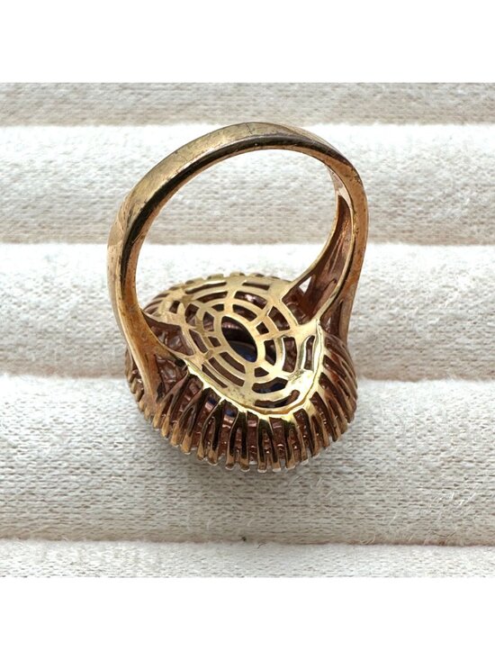 Blue Spinel Ring Oval Cut Halo Statement Gold Plated Sterling Silver Size 8